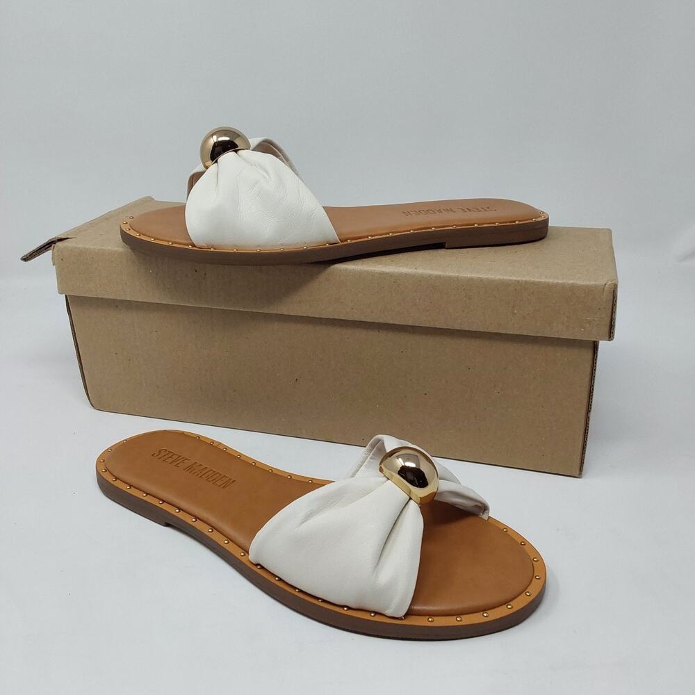 Steve Madden Dipsy Womens 6.5 White Leather Slide Sandals Gold Studded NWB